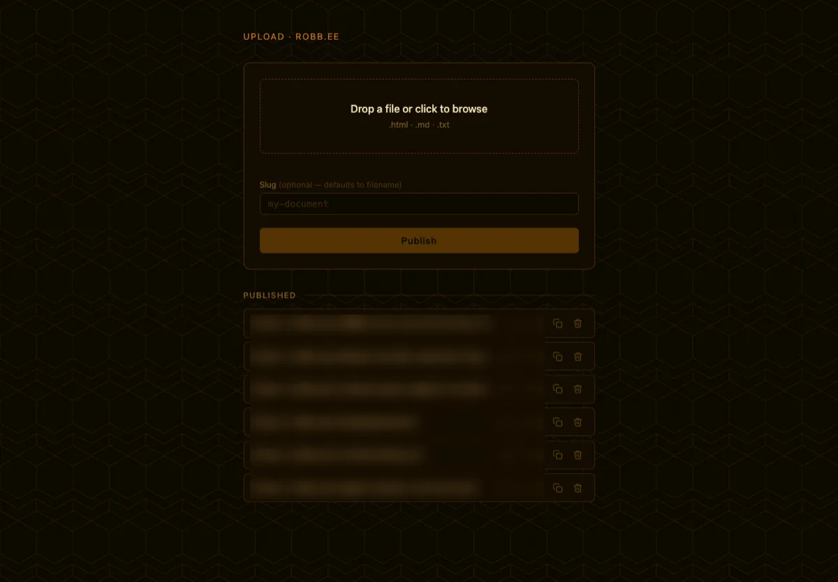 The robb.ee upload page: drag a file in, optionally set a slug, and it's published at a clean URL, with a running list of everything you've published so far.