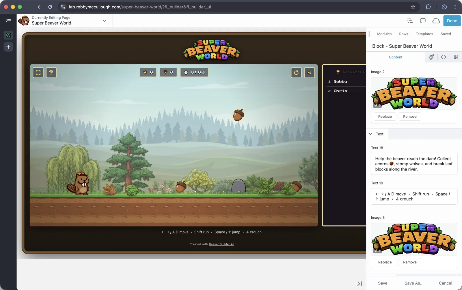 Super Beaver World running inside the Beaver Builder editor, with the game canvas and Beaver Builder content controls visible.