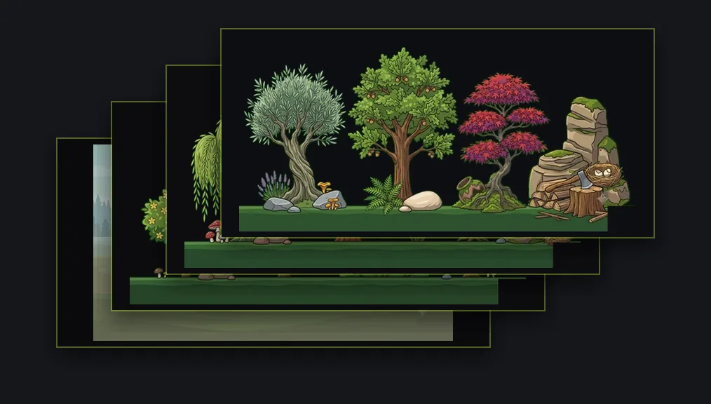 The parallax background layers pulled apart and stacked back to front: the distant sky and hills at the back, then progressively nearer bands of trees and scenery, each one scrolling at its own speed to fake depth.