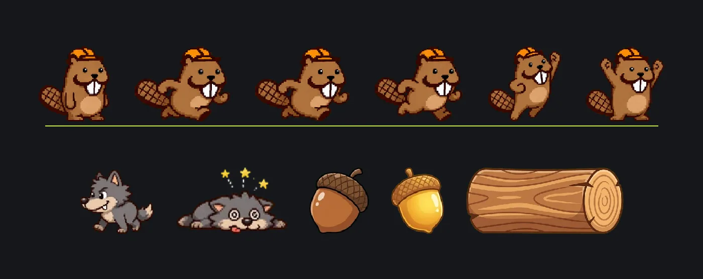 The Super Beaver World sprite set: the beaver's pixel-art animation frames (idle, walk, run, jump, cheer) along the top, with the wolf enemy, a knocked-out wolf, a regular acorn, a golden acorn, and a floating log below.
