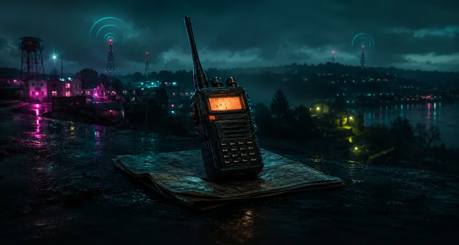 A handheld ham radio on a wet rooftop at night, overlooking the North Bay skyline with signal-ring radio towers.