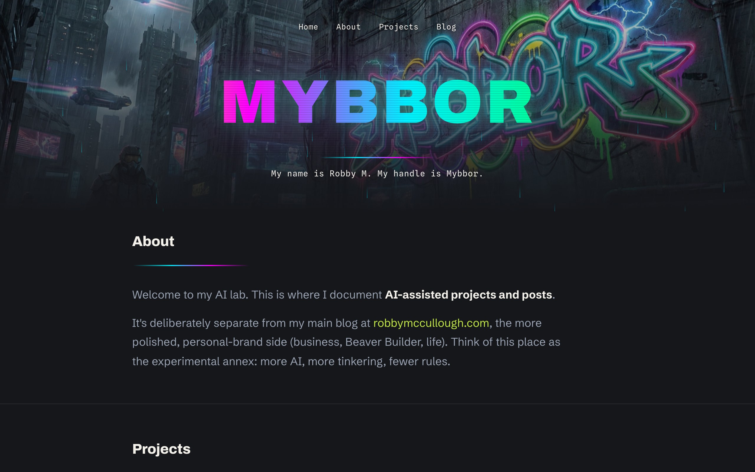 The redesigned mybbor.com homepage: a centered nav and glitch logo fading down into a calm, editorial About section.