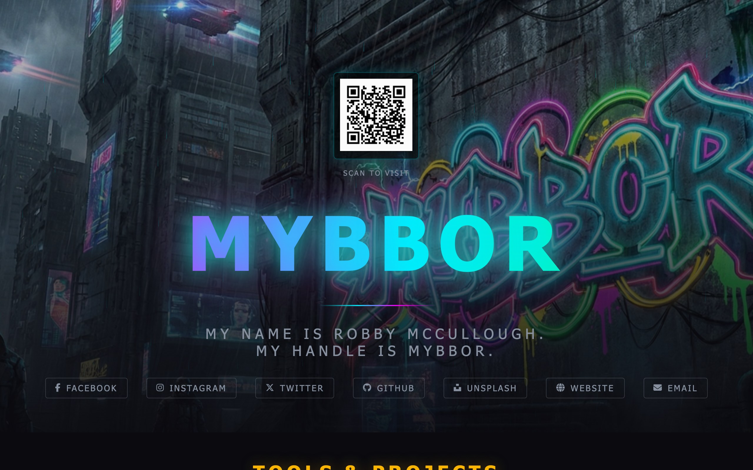 The old mybbor.com homepage: a full-screen cyberpunk hero with a QR code and a row of social links over a neon graffiti photo.